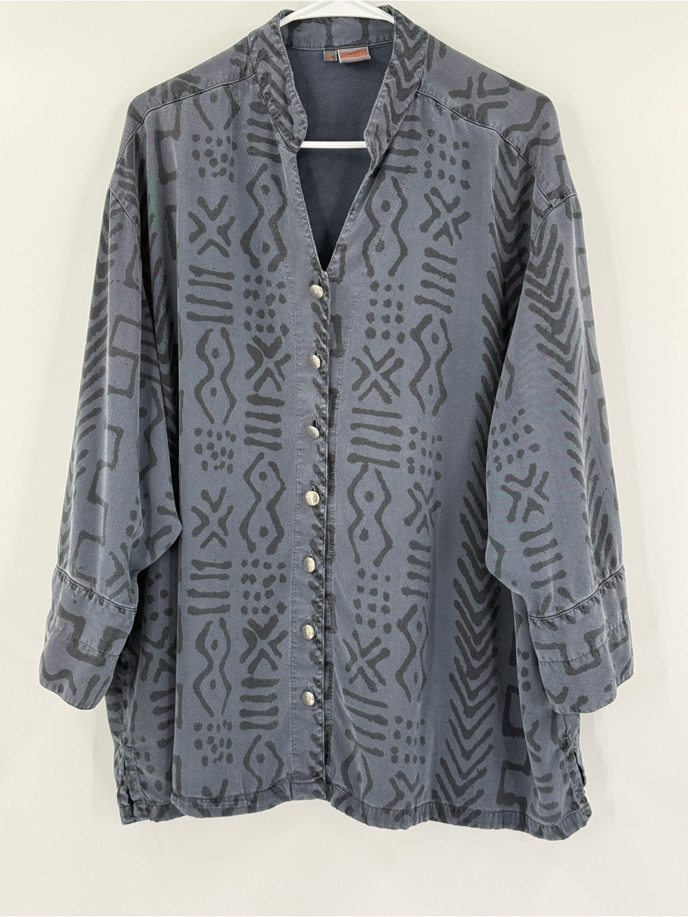Tianello Vintage Button Up Tribal Print Abstract 3/4 Sleeves 1X Collarless Tunic